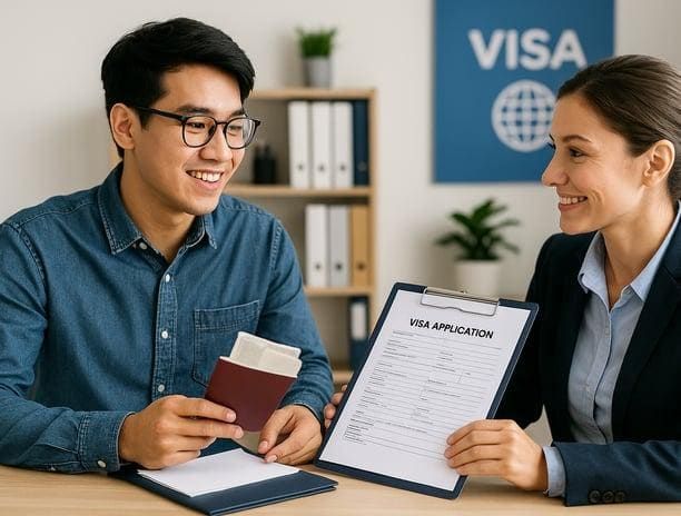 A visa consultant reviewing a visa application with a client in an office